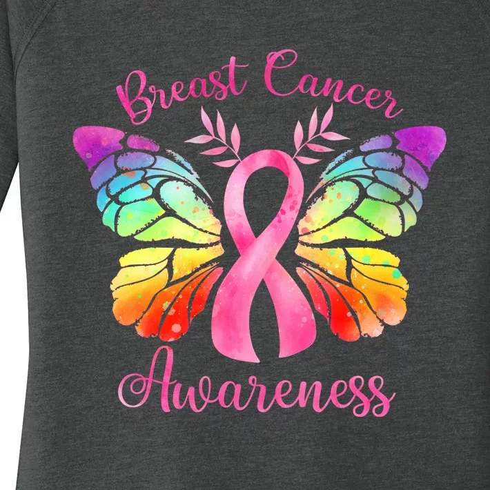 Pink Ribbon Butterfly Breast Cancer Women's Perfect Tri Tunic Long Sleeve Shirt