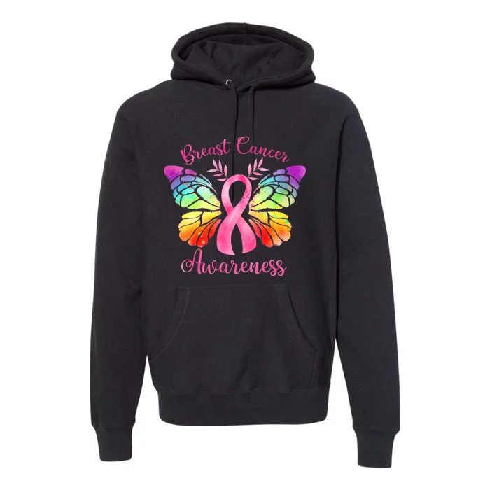 Pink Ribbon Butterfly Breast Cancer Premium Hoodie