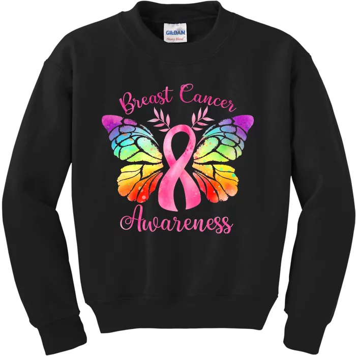 Pink Ribbon Butterfly Breast Cancer Kids Sweatshirt