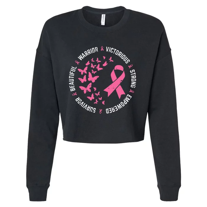 Pink Ribbon Butterfly Warrior Cute Breast Cancer Gifts Cropped Pullover Crew