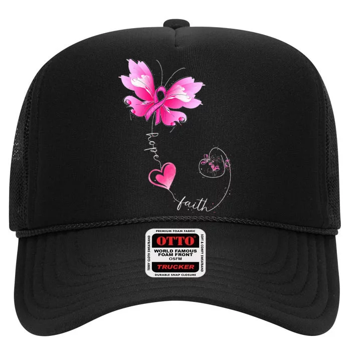 Pink Ribbon Butterfly Breast Cancer Awareness High Crown Mesh Trucker Hat