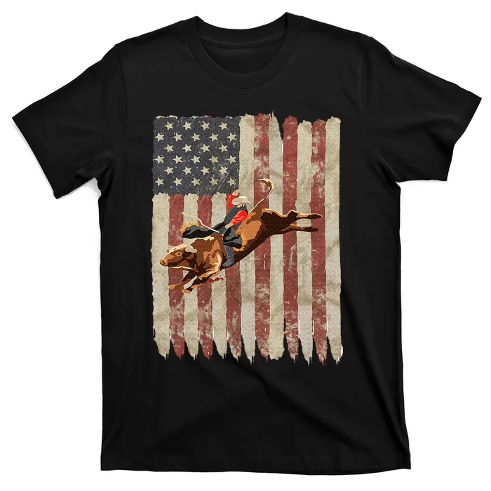 Patriotic Rodeo Bull Rider American Flag Western Cowboys T-Shirt