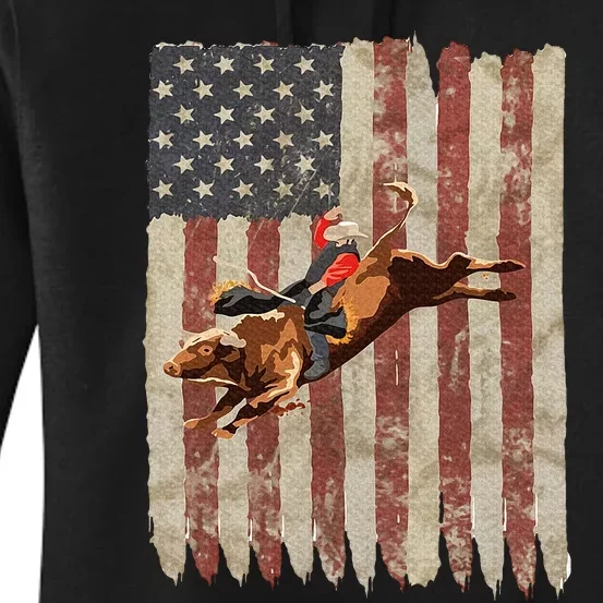 Patriotic Rodeo Bull Rider American Flag Western Cowboys Women's Pullover Hoodie