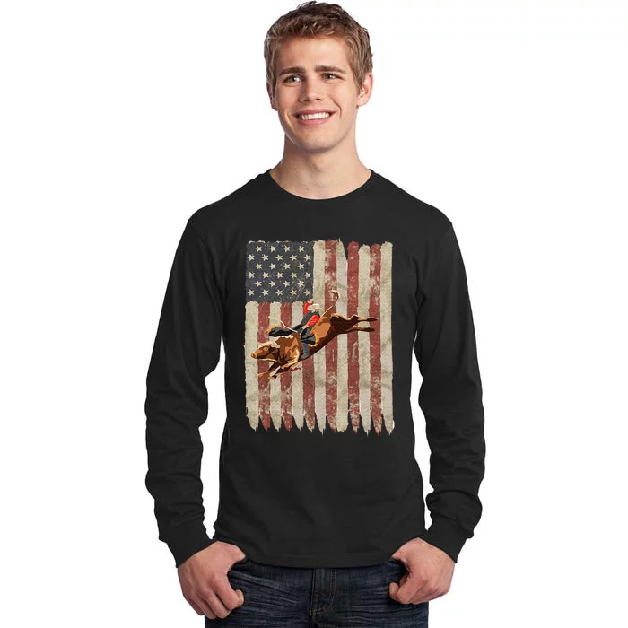 Patriotic Rodeo Bull Rider American Flag Western Cowboys Tall Long Sleeve T-Shirt