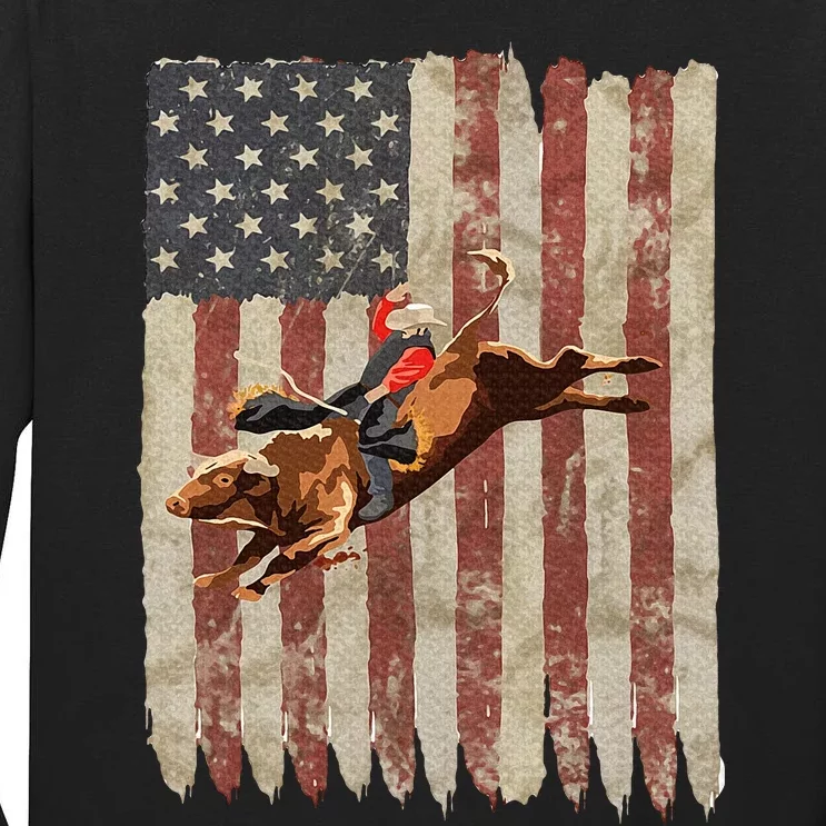 Patriotic Rodeo Bull Rider American Flag Western Cowboys Tall Long Sleeve T-Shirt