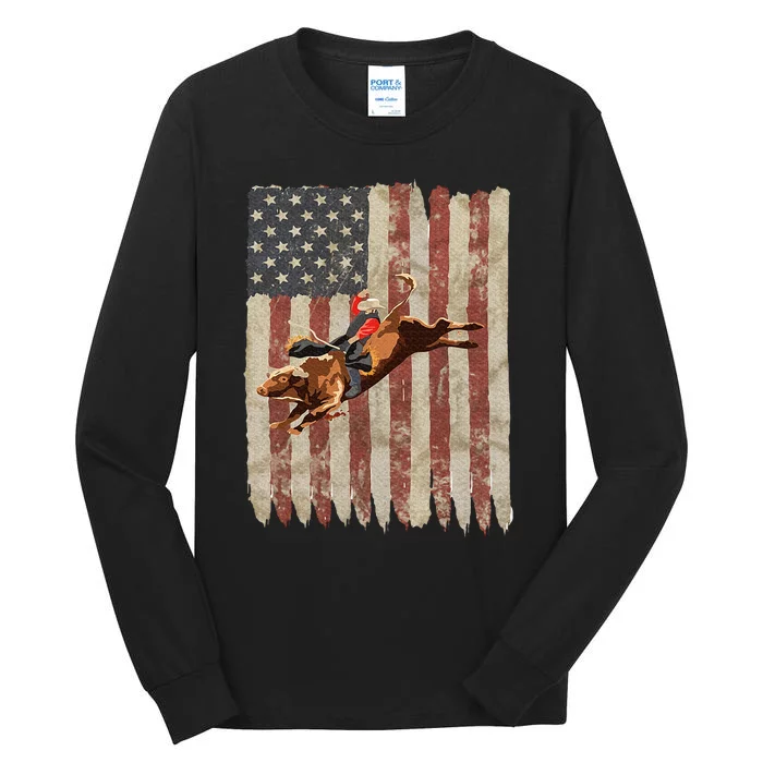 Patriotic Rodeo Bull Rider American Flag Western Cowboys Tall Long Sleeve T-Shirt