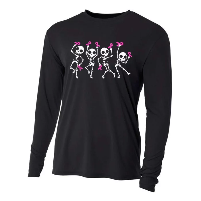 Pink Ribbon Breast Cancer Awareness Skeleton Kids Cooling Performance Long Sleeve Crew