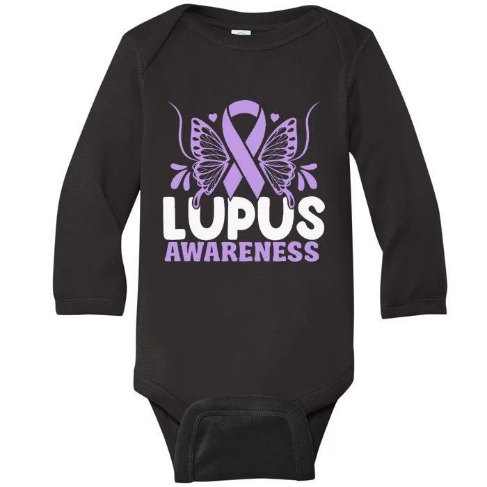 Purple Ribbon Butterfly Lupus Awareness Month Baby Long Sleeve Bodysuit