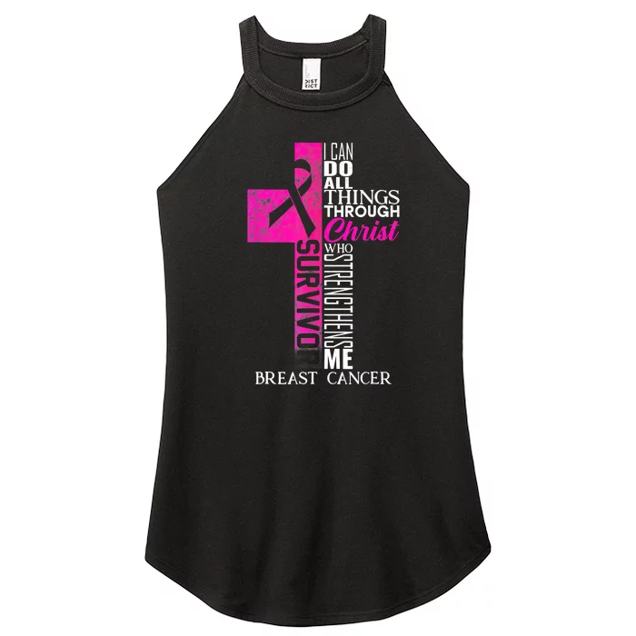 Pink Ribbon Breast Cancer Survivor Funny Christian Cross Women’s Perfect Tri Rocker Tank