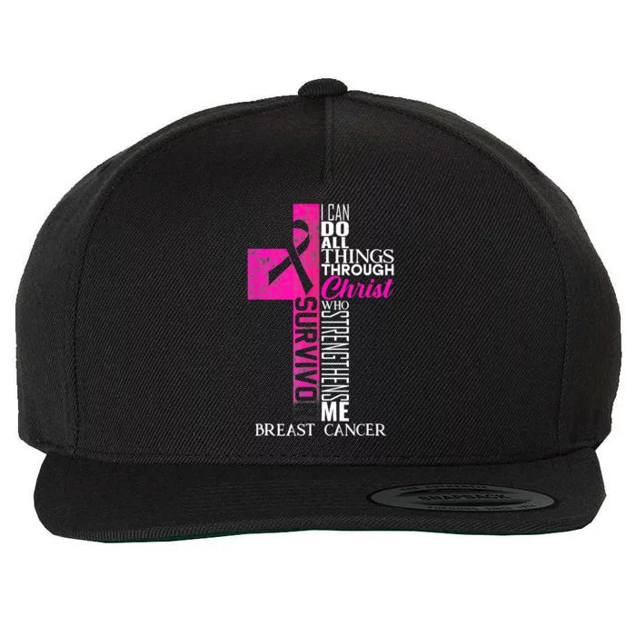 Pink Ribbon Breast Cancer Survivor Funny Christian Cross Wool Snapback Cap