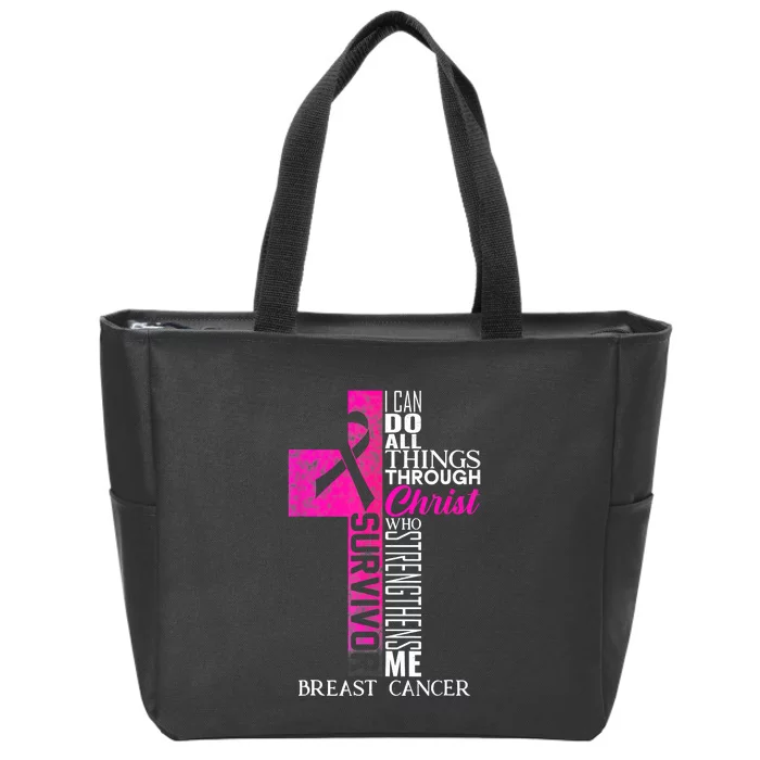 Pink Ribbon Breast Cancer Survivor Funny Christian Cross Zip Tote Bag