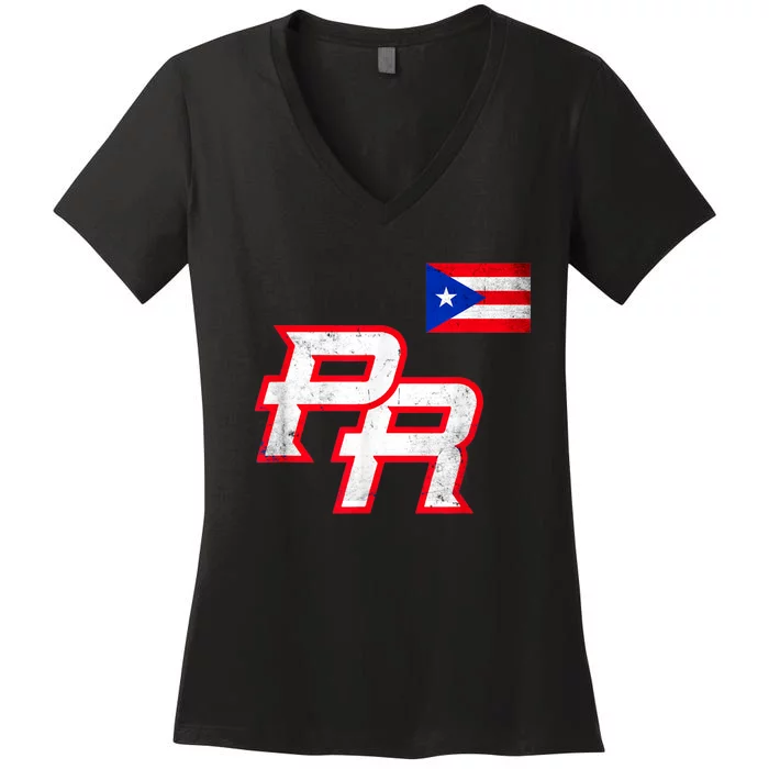 Puerto Rican Baseball Player Puerto Rico Flag Baseball Fans Women's V-Neck T-Shirt