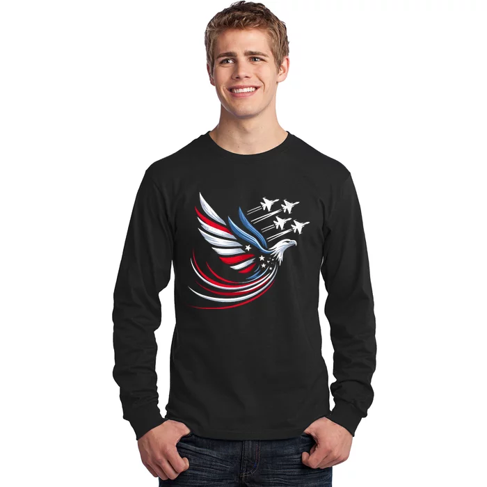 Patriotic Red Blue Usa Flag Fighter Jets 4th Of July Long Sleeve Shirt