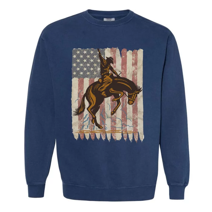 Patriotic Rodeo Bronc Rider American Flag Cowboys Riding Garment-Dyed Sweatshirt