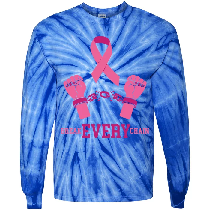 Pink Ribbon Breast Cancer Cute Gift Break Every Chain Design Gift Tie-Dye Long Sleeve Shirt