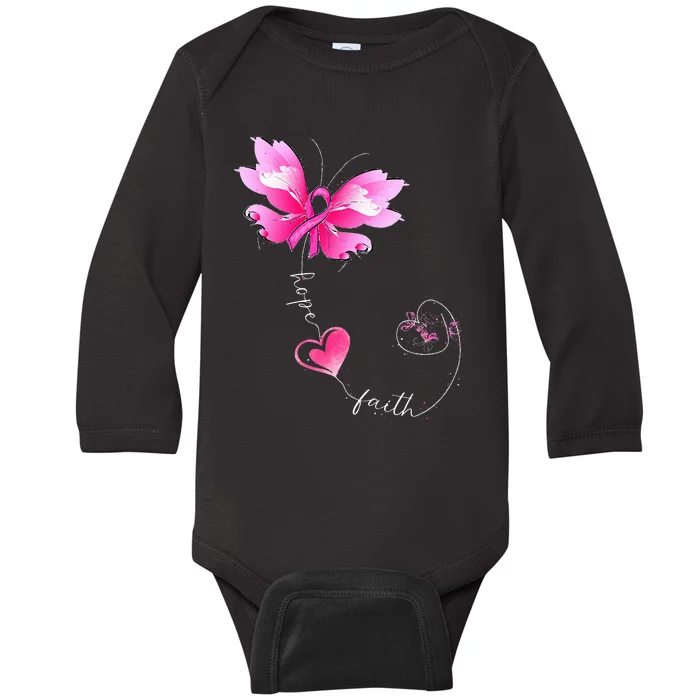 Pink Ribbon Butterfly Breast Cancer Awareness Baby Long Sleeve Bodysuit