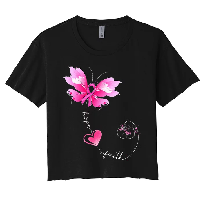 P.I.N.K Ribbon Butterfly Breast Cancer Awareness Women's Crop Top Tee