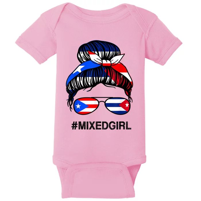 Puerto Rico Cuba Flag Puerto Rican Cuban Messy Bun Baby Bodysuit