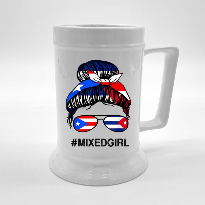 Puerto Rico Cuba Flag Puerto Rican Cuban Messy Bun Front & Back Beer Stein