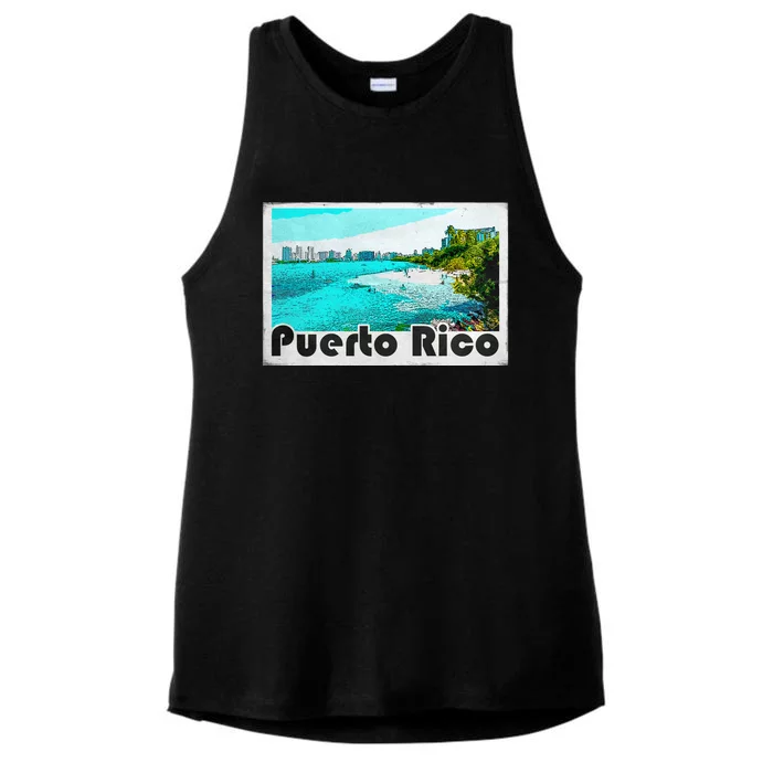 Puerto Rico Caribbean Retro Poster Ladies Tri-Blend Wicking Tank