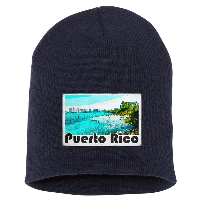 Puerto Rico Caribbean Retro Poster Short Acrylic Beanie