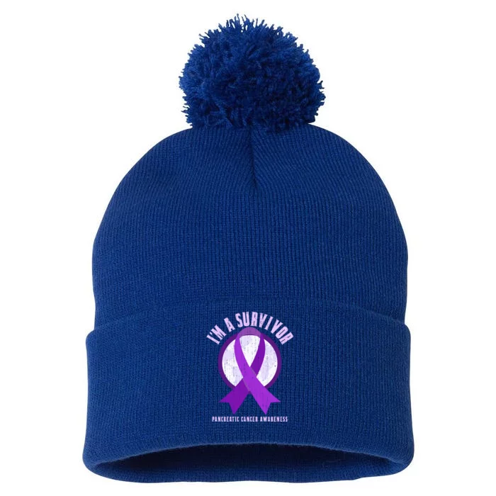 Purple Ribbon Cancer Survivor Pancreatic Cancer Awareness Gift Pom Pom 12in Knit Beanie