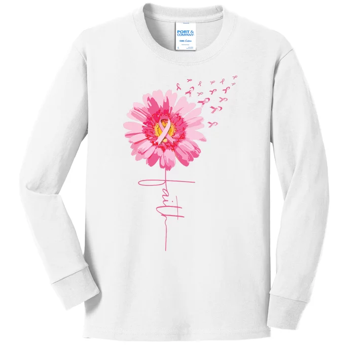 Pink Ribbon Daisy Faith Breast Cancer Awareness Month Gift Kids Long Sleeve Shirt