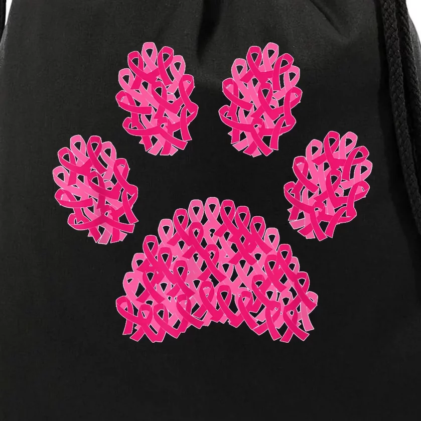 Pink Ribbon Dog Paw Print Breast Cancer Awareness Puppy Love Drawstring Bag