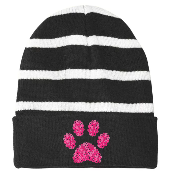 Pink Ribbon Dog Paw Print Breast Cancer Awareness Puppy Love Striped Beanie with Solid Band