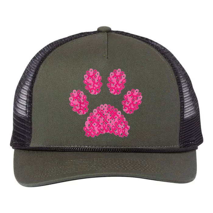 Pink Ribbon Dog Paw Print Breast Cancer Awareness Puppy Love Retro Rope Trucker Hat Cap