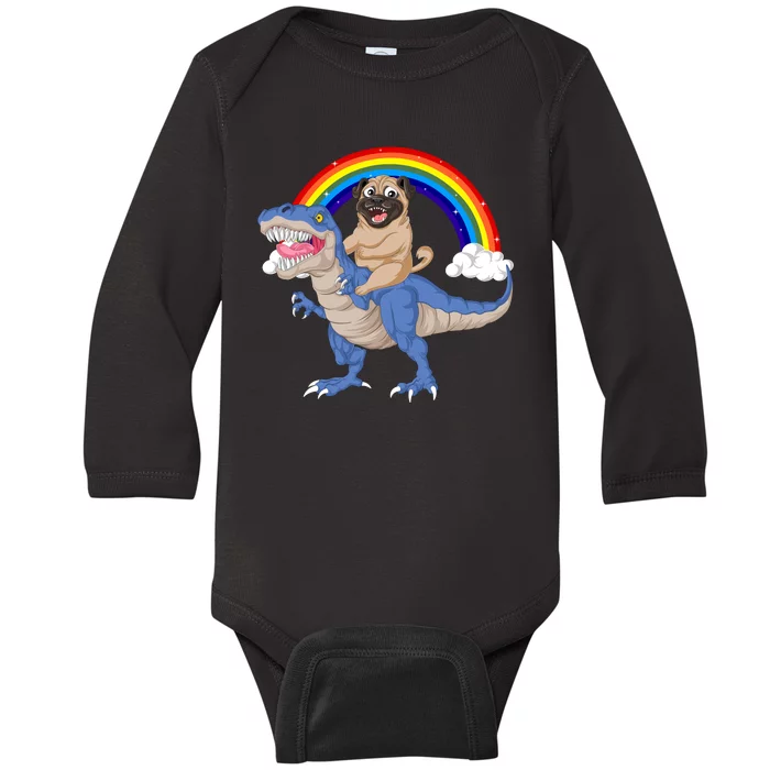 Pug Riding Dinosaur Baby Long Sleeve Bodysuit