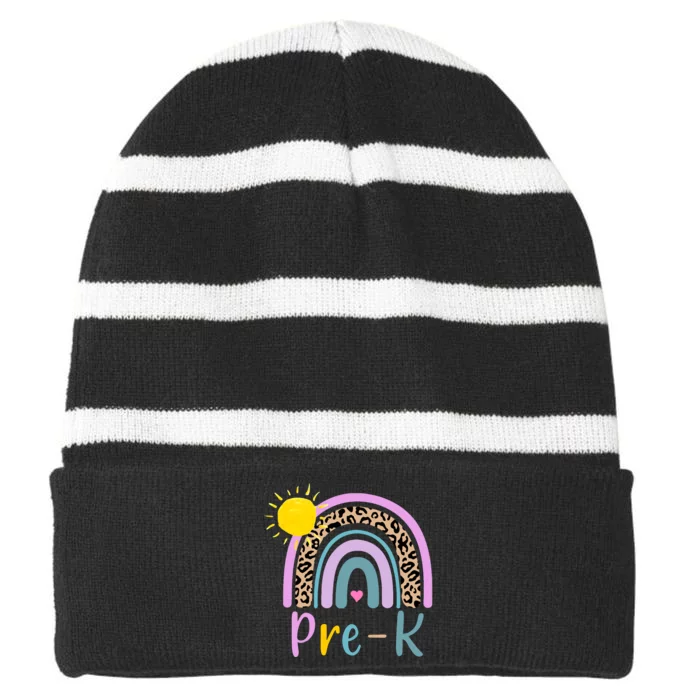 Pre-K Rainbow Teacher Student Back To School Striped Beanie with Solid Band