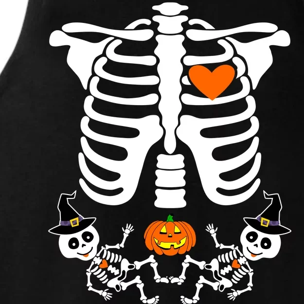 Pregnant Halloween Skeleton Baby Twins Witch Pumpkin Costume Ladies Tri-Blend Wicking Tank