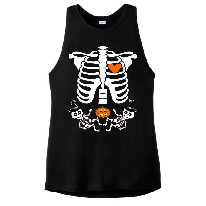 Pregnant Halloween Skeleton Baby Twins Witch Pumpkin Costume Ladies Tri-Blend Wicking Tank