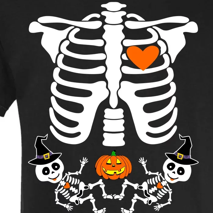 Pregnant Halloween Skeleton Baby Twins Witch Pumpkin Costume Garment-Dyed Heavyweight T-Shirt