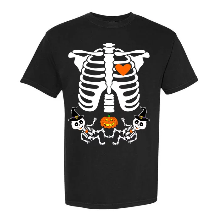 Pregnant Halloween Skeleton Baby Twins Witch Pumpkin Costume Garment-Dyed Heavyweight T-Shirt