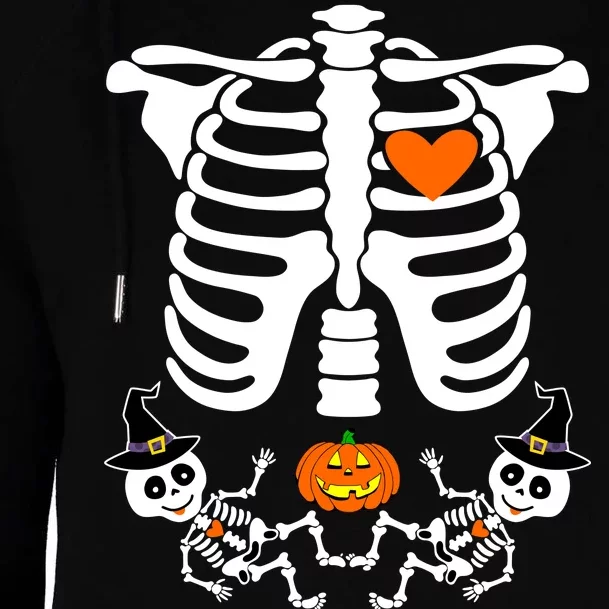 Pregnant Halloween Skeleton Baby Twins Witch Pumpkin Costume Womens Funnel Neck Pullover Hood