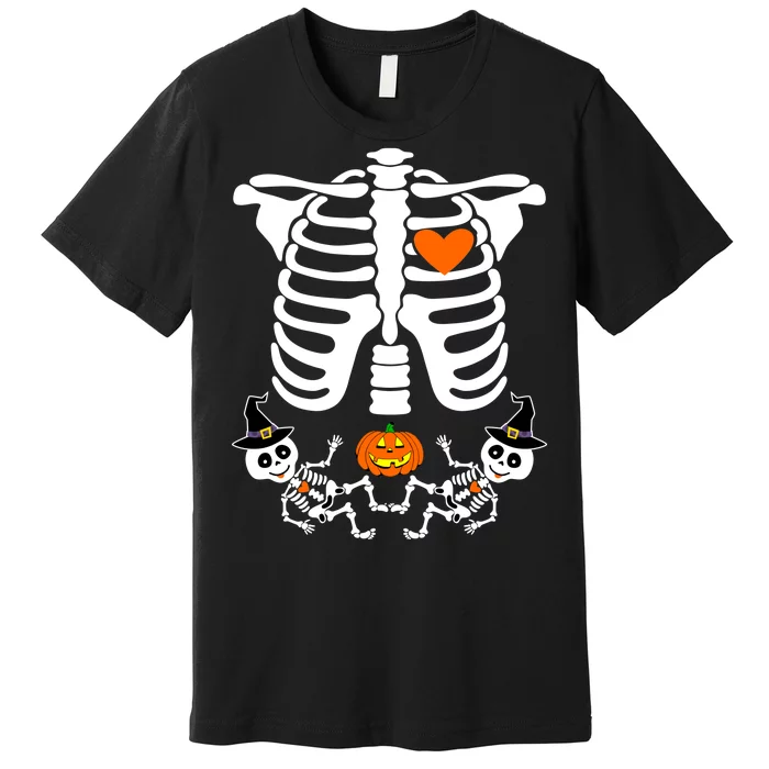 Pregnant Halloween Skeleton Baby Twins Witch Pumpkin Costume Premium T-Shirt