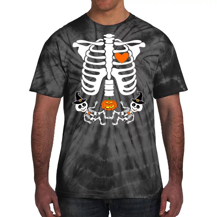 Pregnant Halloween Skeleton Baby Twins Witch Pumpkin Costume Tie-Dye T-Shirt