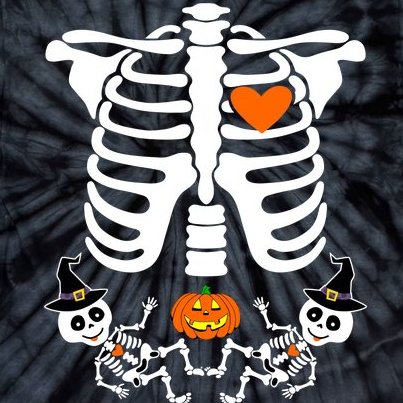 Pregnant Halloween Skeleton Baby Twins Witch Pumpkin Costume Tie-Dye T-Shirt