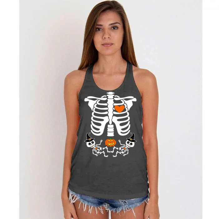 Pregnant Halloween Skeleton Baby Twins Witch Pumpkin Costume Women's Knotted Racerback Tank