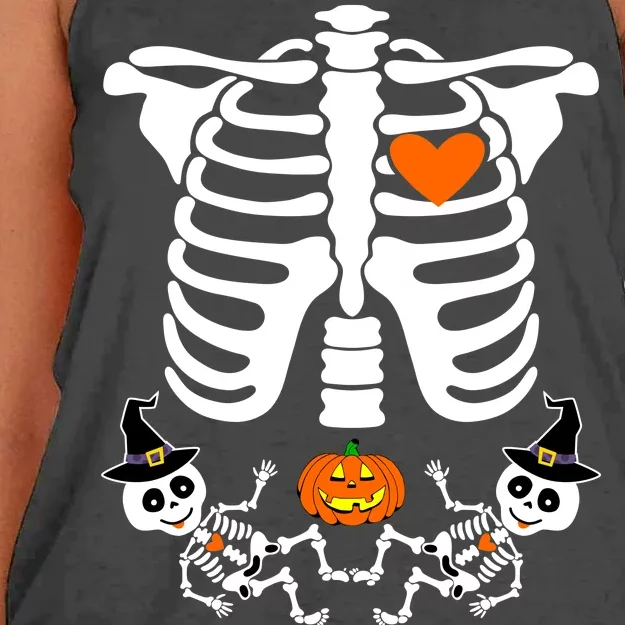 Pregnant Halloween Skeleton Baby Twins Witch Pumpkin Costume Women's Knotted Racerback Tank