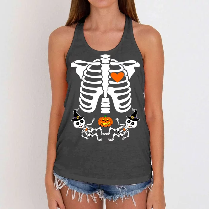 Pregnant Halloween Skeleton Baby Twins Witch Pumpkin Costume Women's Knotted Racerback Tank