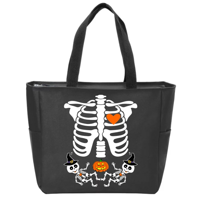 Pregnant Halloween Skeleton Baby Twins Witch Pumpkin Costume Zip Tote Bag