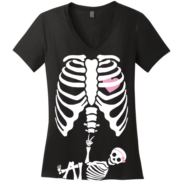 Pregnant Skeleton Baby Girl Halloween Costume Women's V-Neck T-Shirt