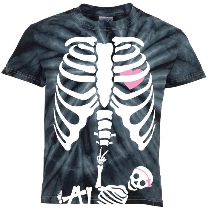 Pregnant Skeleton Baby Girl Halloween Costume Kids Tie-Dye T-Shirt