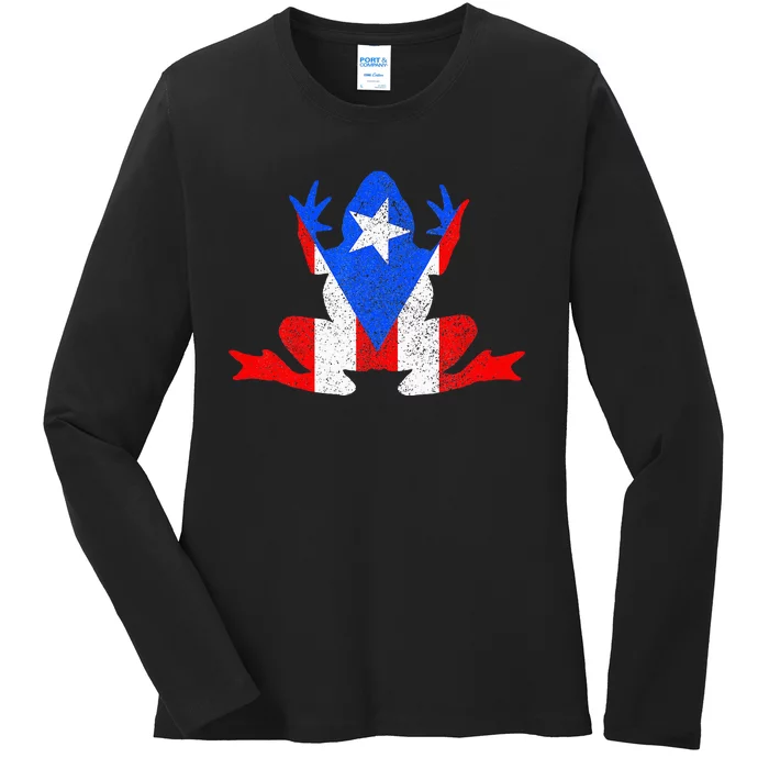 Puerto Rico Frog Puerto Rican Flag Pride Vintage Boricua Ladies Long Sleeve Shirt