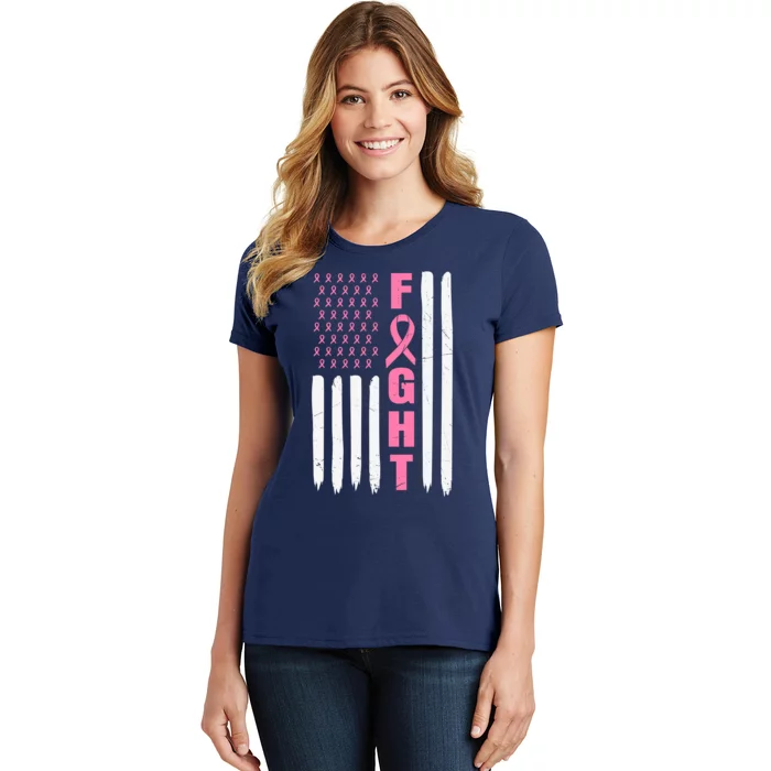 Pink Ribbon Fight American Flag Breast Cancer Women's T-Shirt