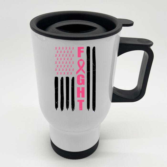 Pink Ribbon Fight American Flag Breast Cancer Front & Back Stainless Steel Travel Mug