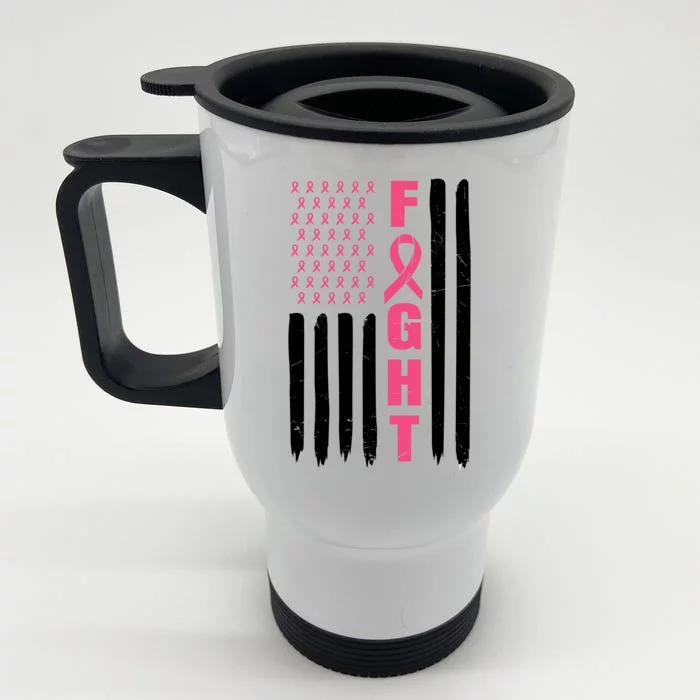 Pink Ribbon Fight American Flag Breast Cancer Front & Back Stainless Steel Travel Mug